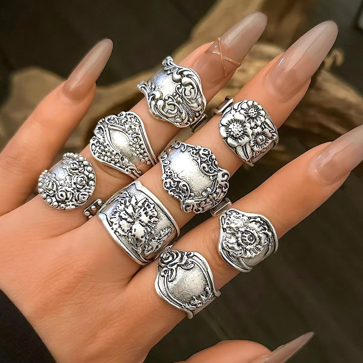 Bohemian 8PC Ring Lot Ring Popular Silver ToneRings All adjustable Spoon Replica