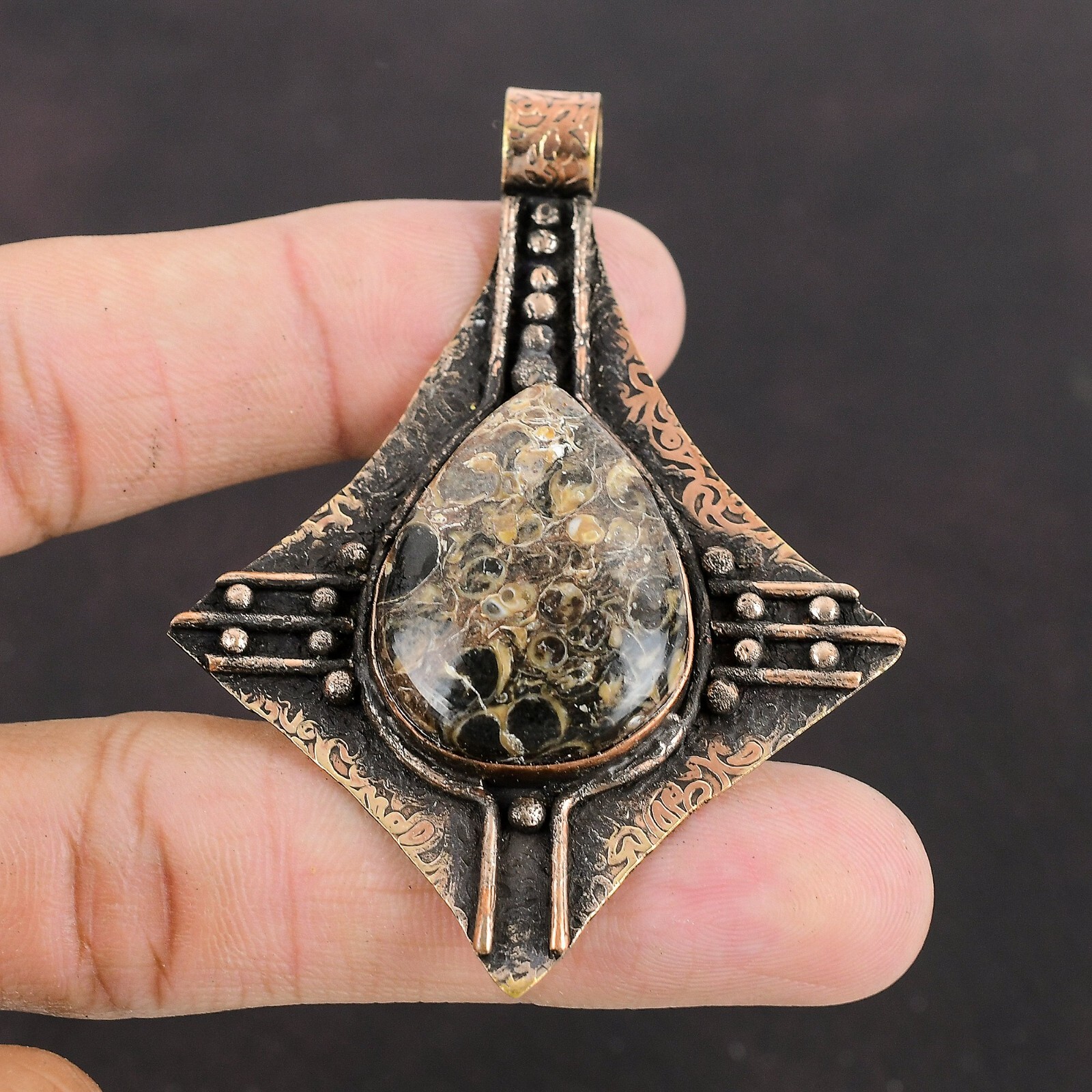 Valentines Deal Copper Pear Turritella Agate Stone Mother Bezel Pendant Jewelry