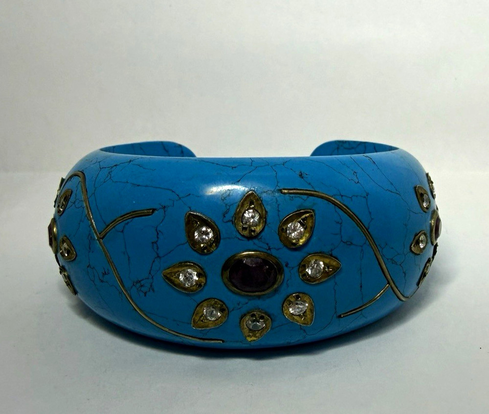 Turquoise Color Wide Cuff Bracelet Rhinestone Floral Boho Western Statement