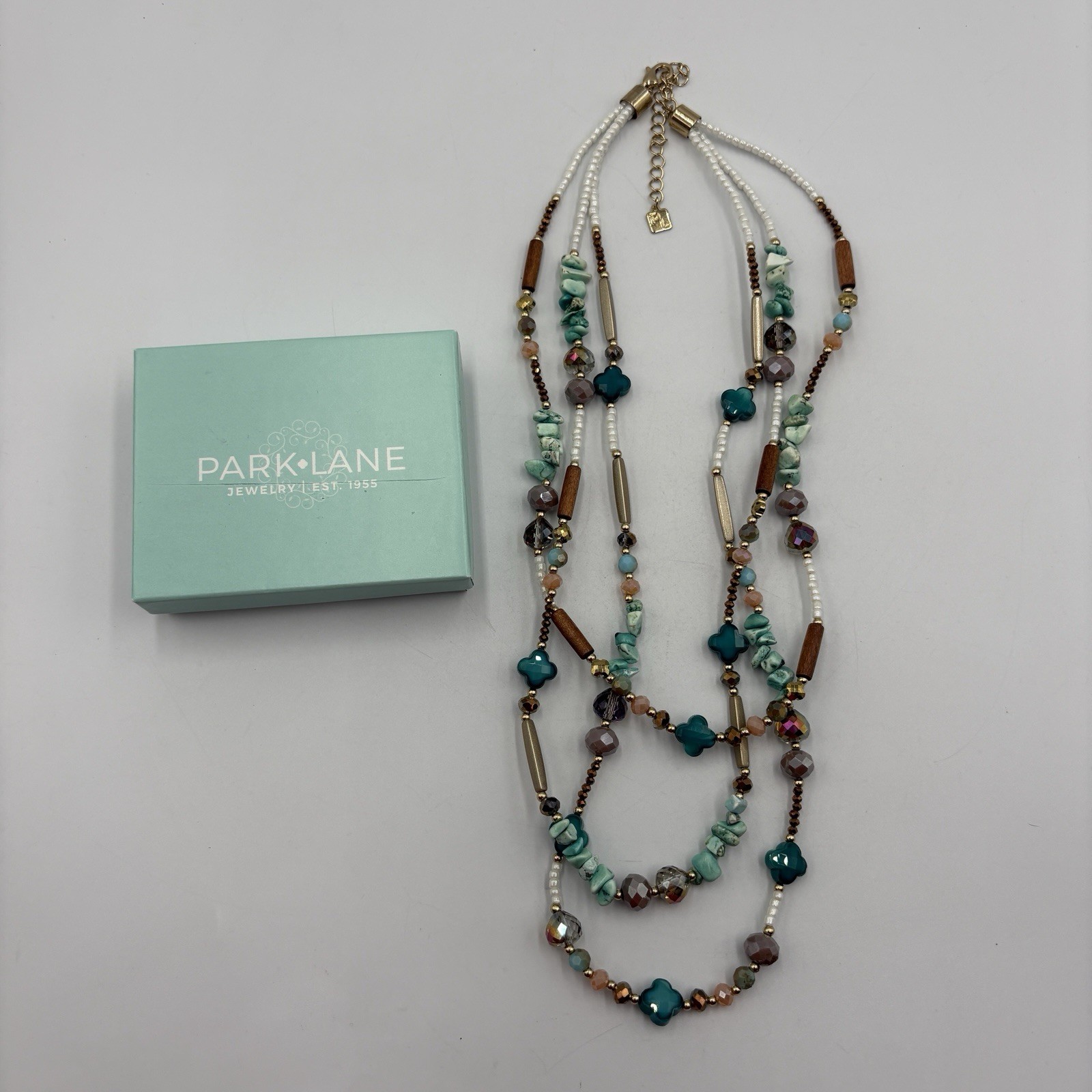 Park Lane LEIA Beaded 3 Strand Necklace Mixed Shapes Turquiose Wood NWOT