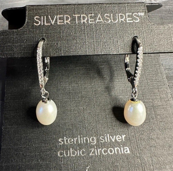 Silver Treasures Simulation Pearl Earrings Sterling Silver, Cubic Zirconia
