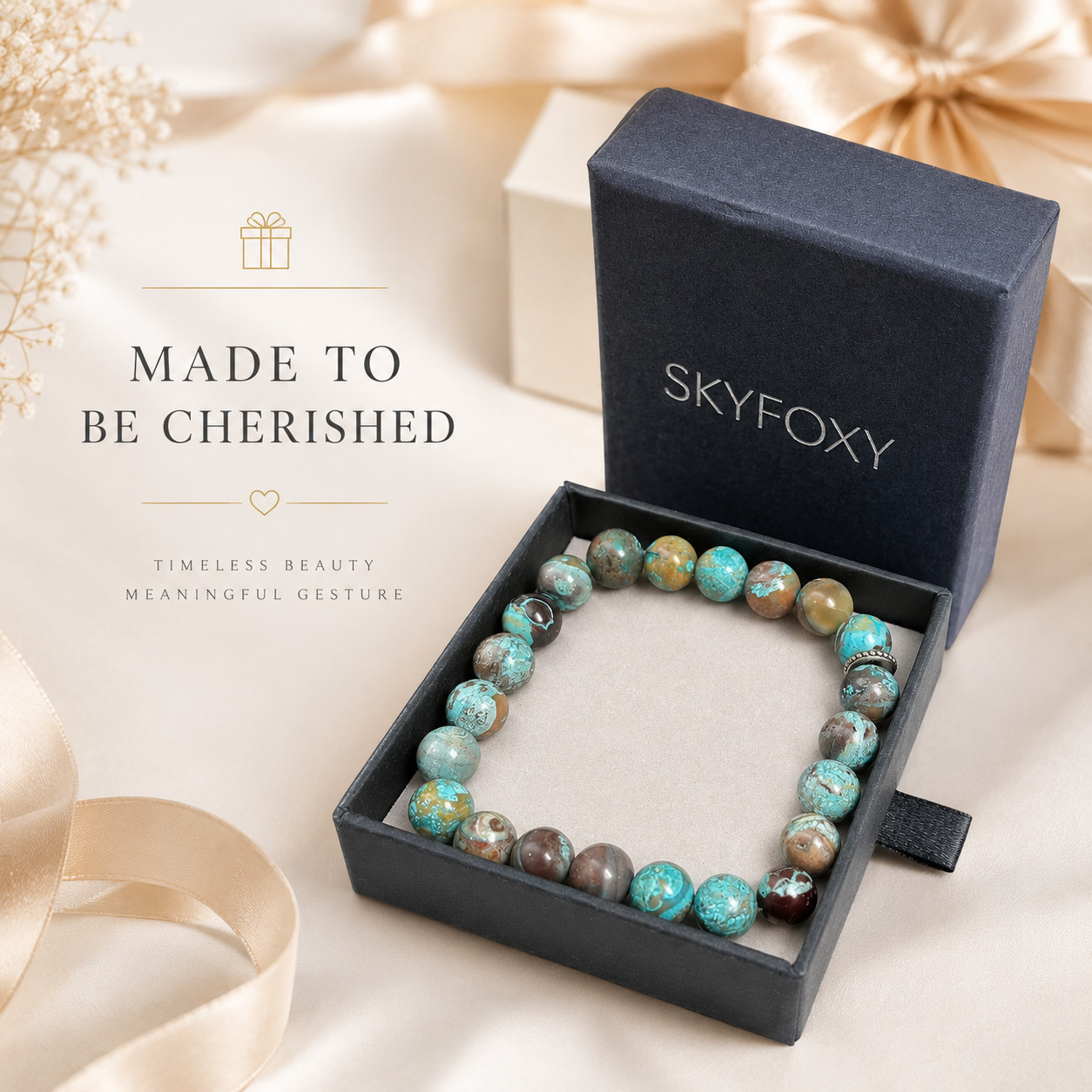 Natural Chrysocolla Beaded Bracelet 9-10mm Gemstone Stretch Bracelet Gift Box