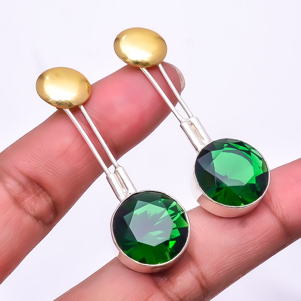 Tsavorite 925 Sterling Silver Two Tone Earring 2.15″ E78, Christmas Gift