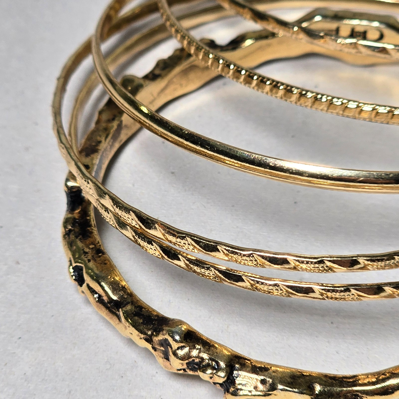 Boho Layered Style Set of 7 Gold-Tone Mixed Texture Stacking Bangle Vtg