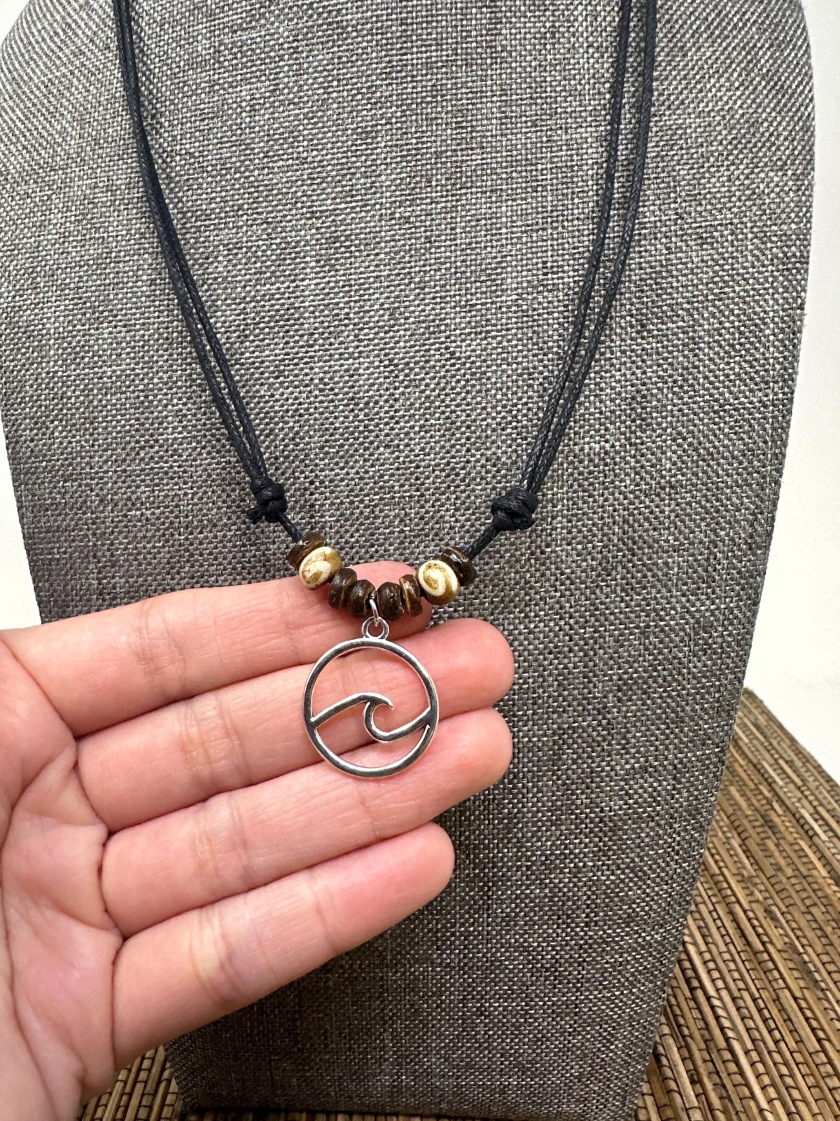 Handmade Wave Pendant Necklace – Adjustable 16–30” Black Cord – Silver Tone Wave