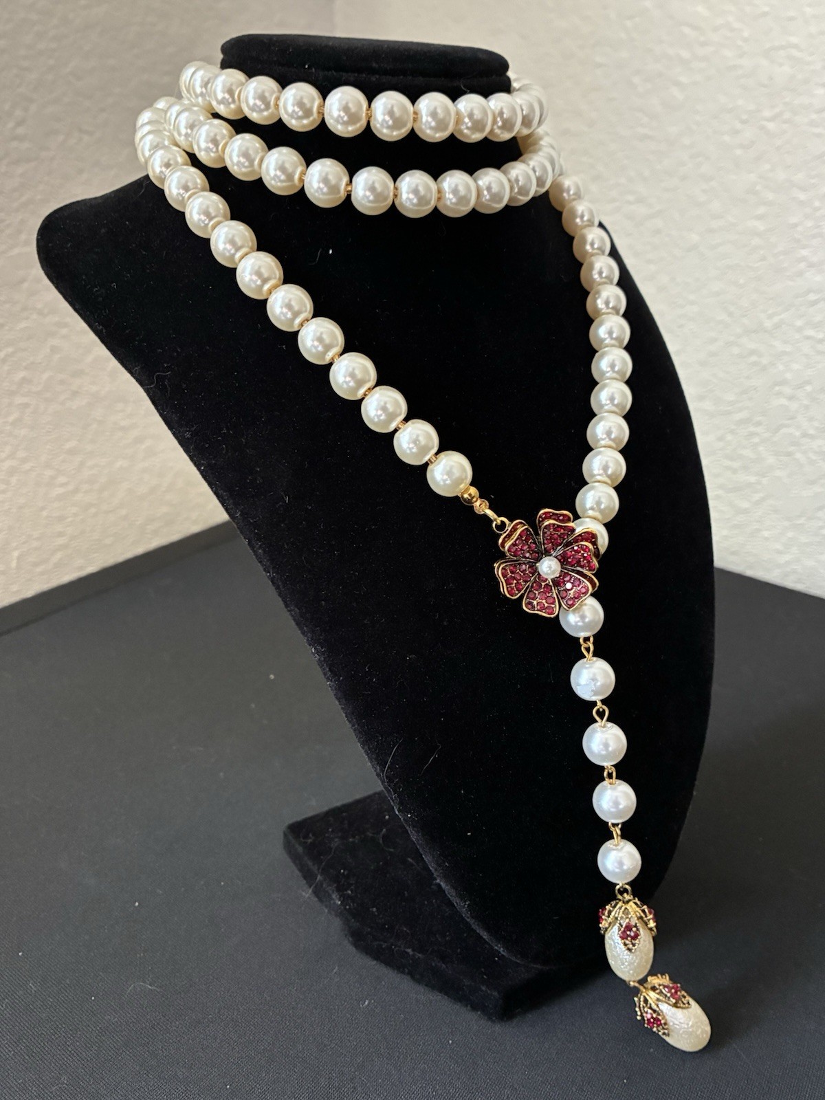 Statement Beaded Lariat Necklace Simulated Pearl Pavé Rhinestone Flower Pink