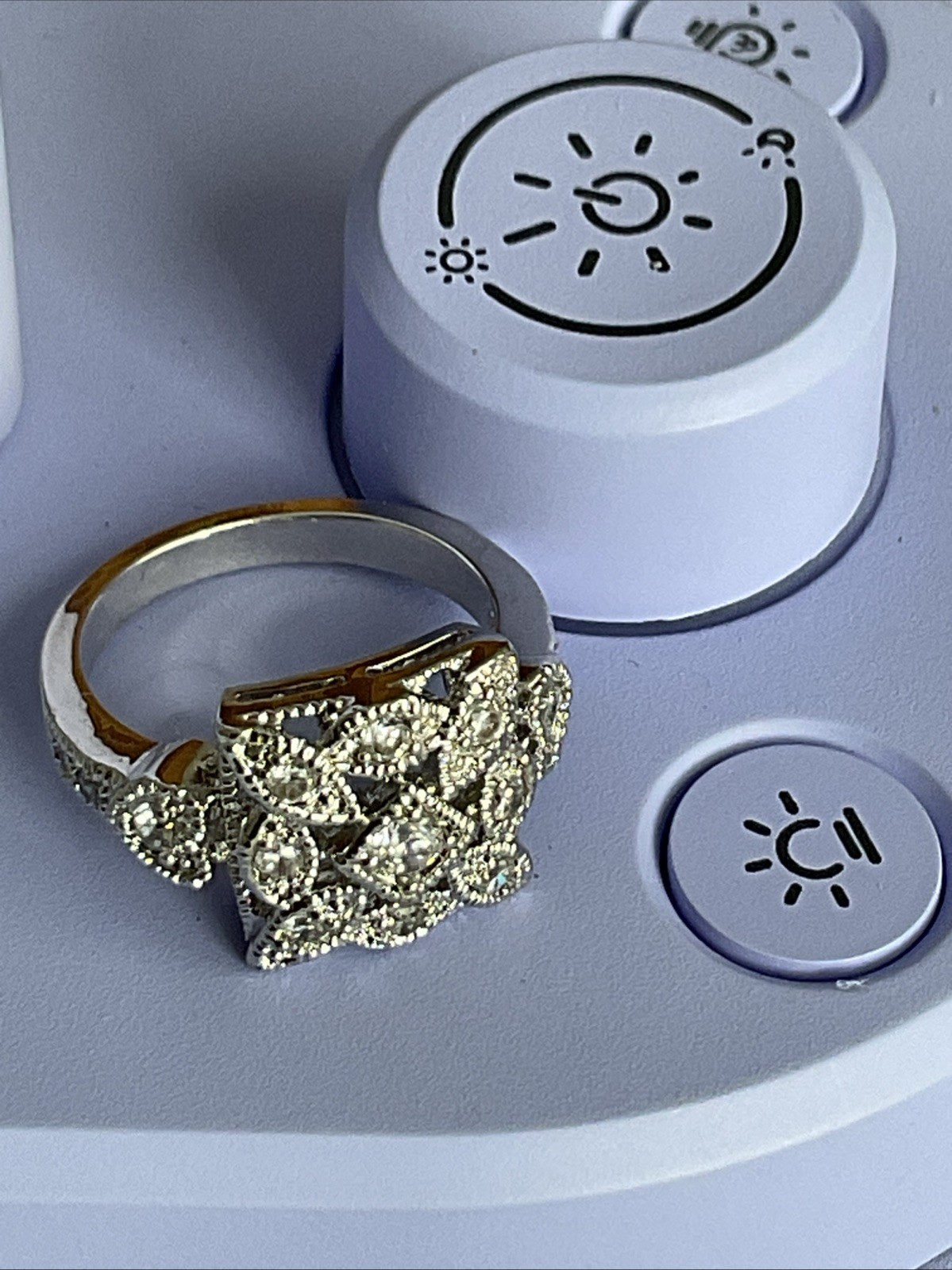 Cocktail Ring, Varied Shapes / Size 7/ Silver Tone Band & Crystals