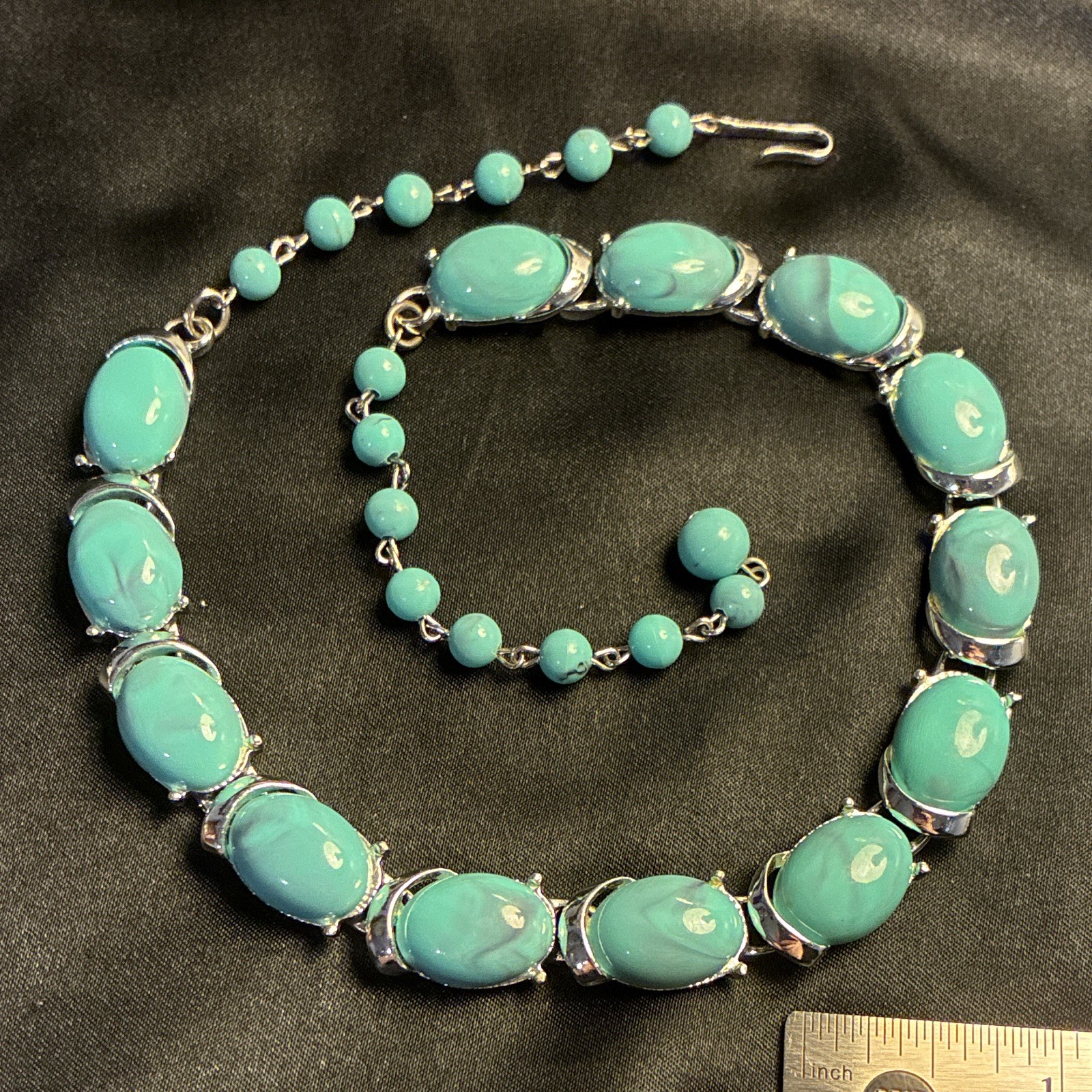 Coro Blue Oval Cabochon Link Beaded Chain Necklace Prong Set Hook 17″ Adjustable