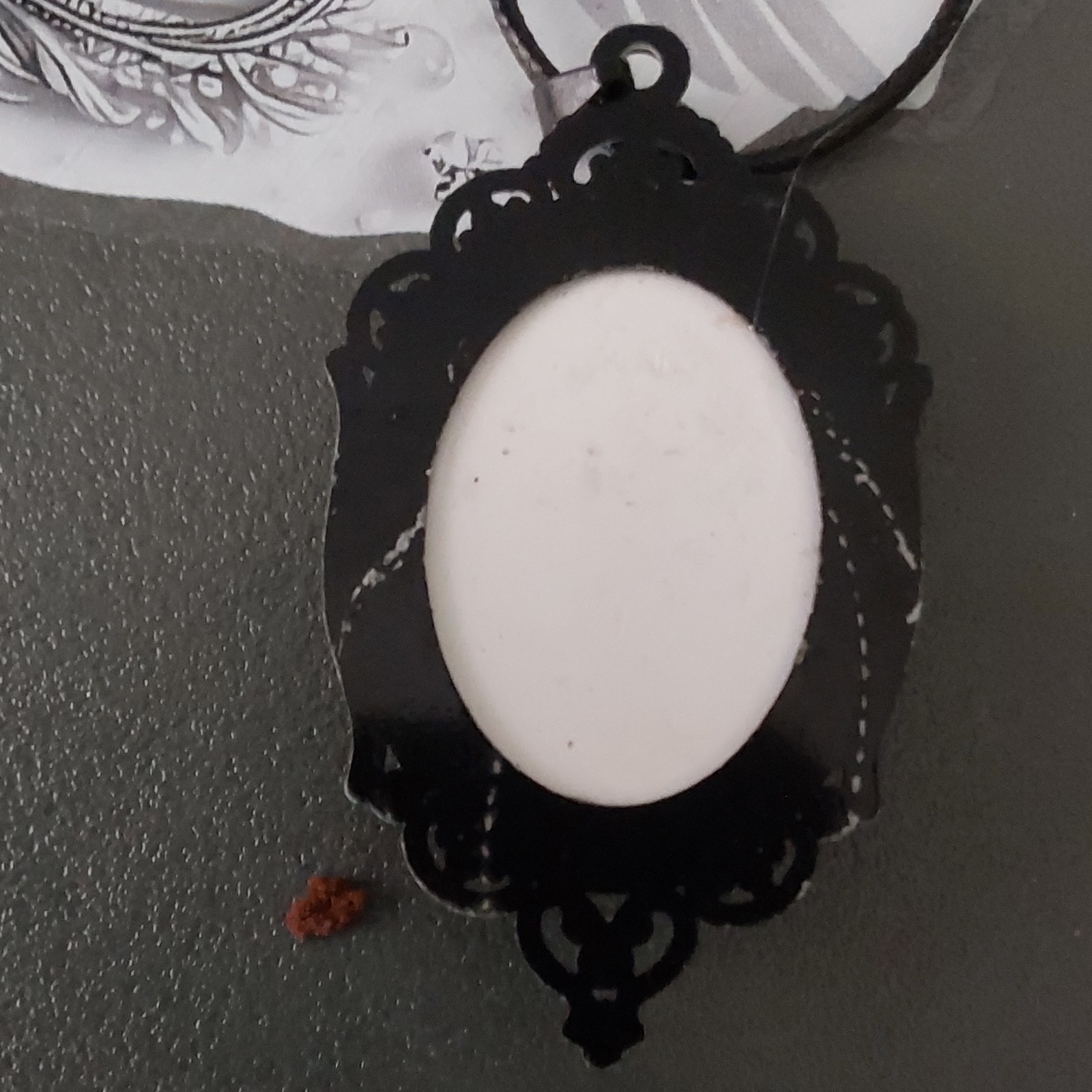 Black Oval Bezel Set Glass Cabochon Pendant Necklace Gothic Halloween Cord