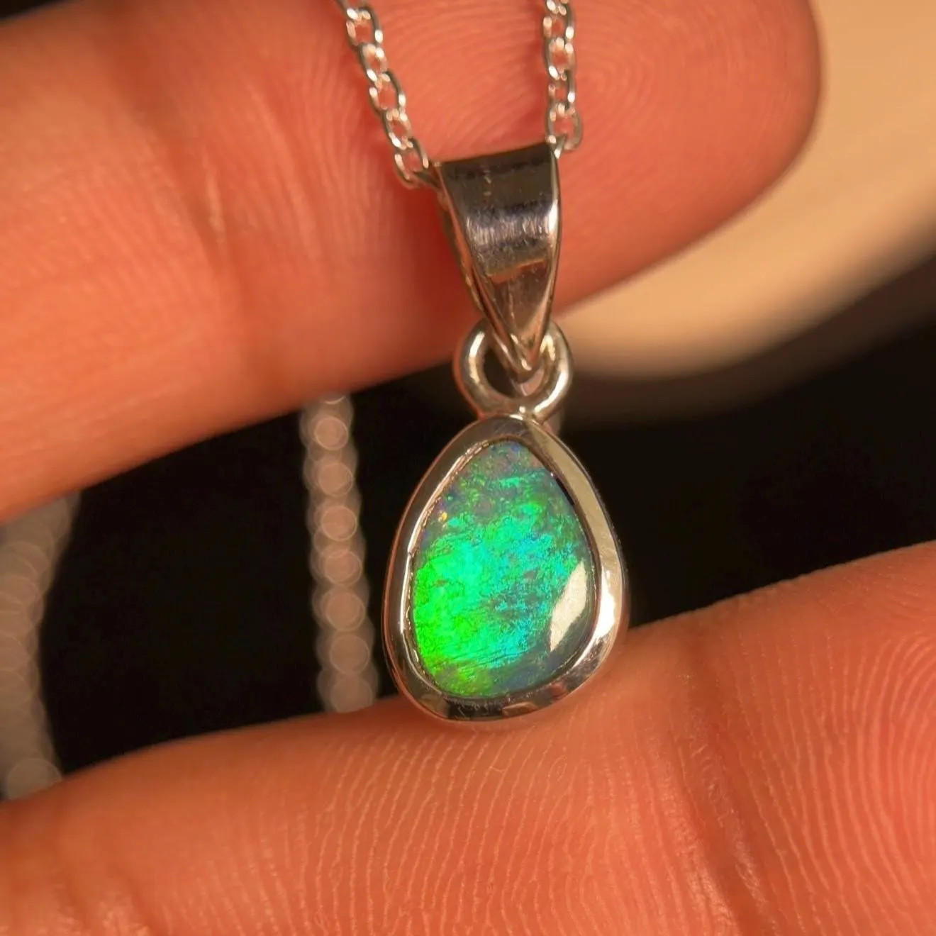 Natural Green Fire Australian Opal Pendant, Solid 925 Sterling Silver Necklace