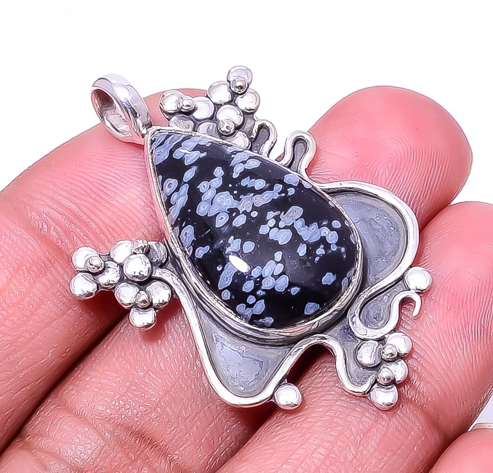 Natural Snowflake Obsidian Oxidised 925 Sterling Silver Pendant 1.72″P63