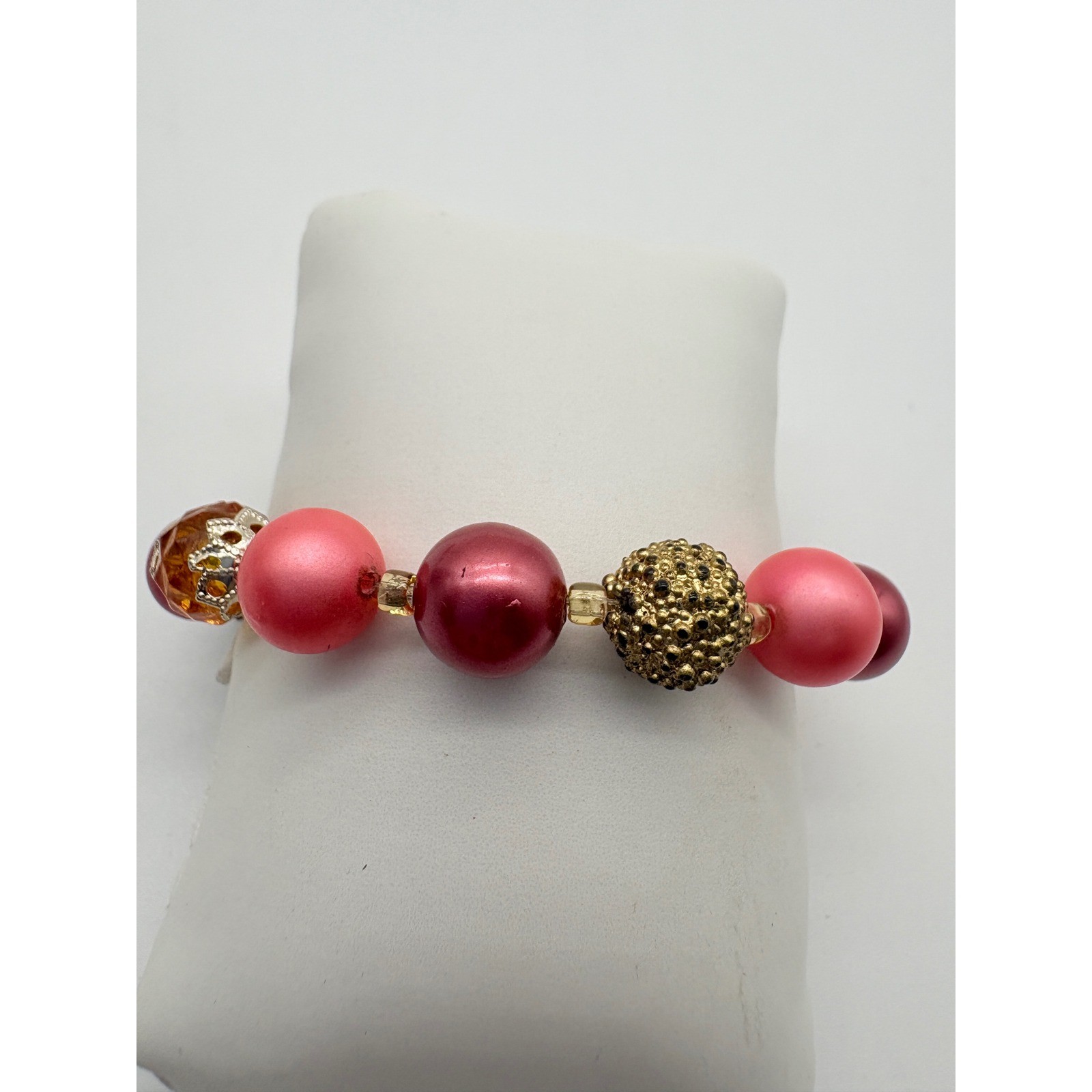 Handmade Pink Burgundy Faux Pearl Beaded Bracelet Gold Stardust Accents 6.25in