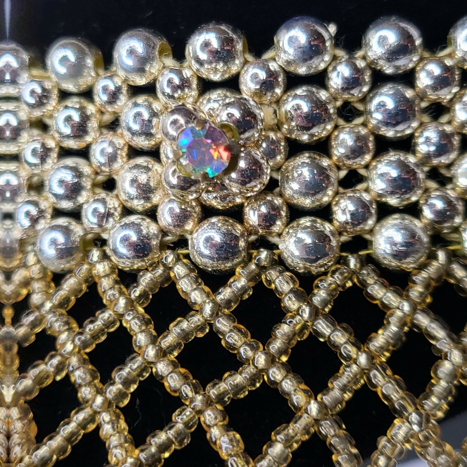 VTG Victorian Style Collar Choker Necklace Beaded Netting & Crystals Steampunk