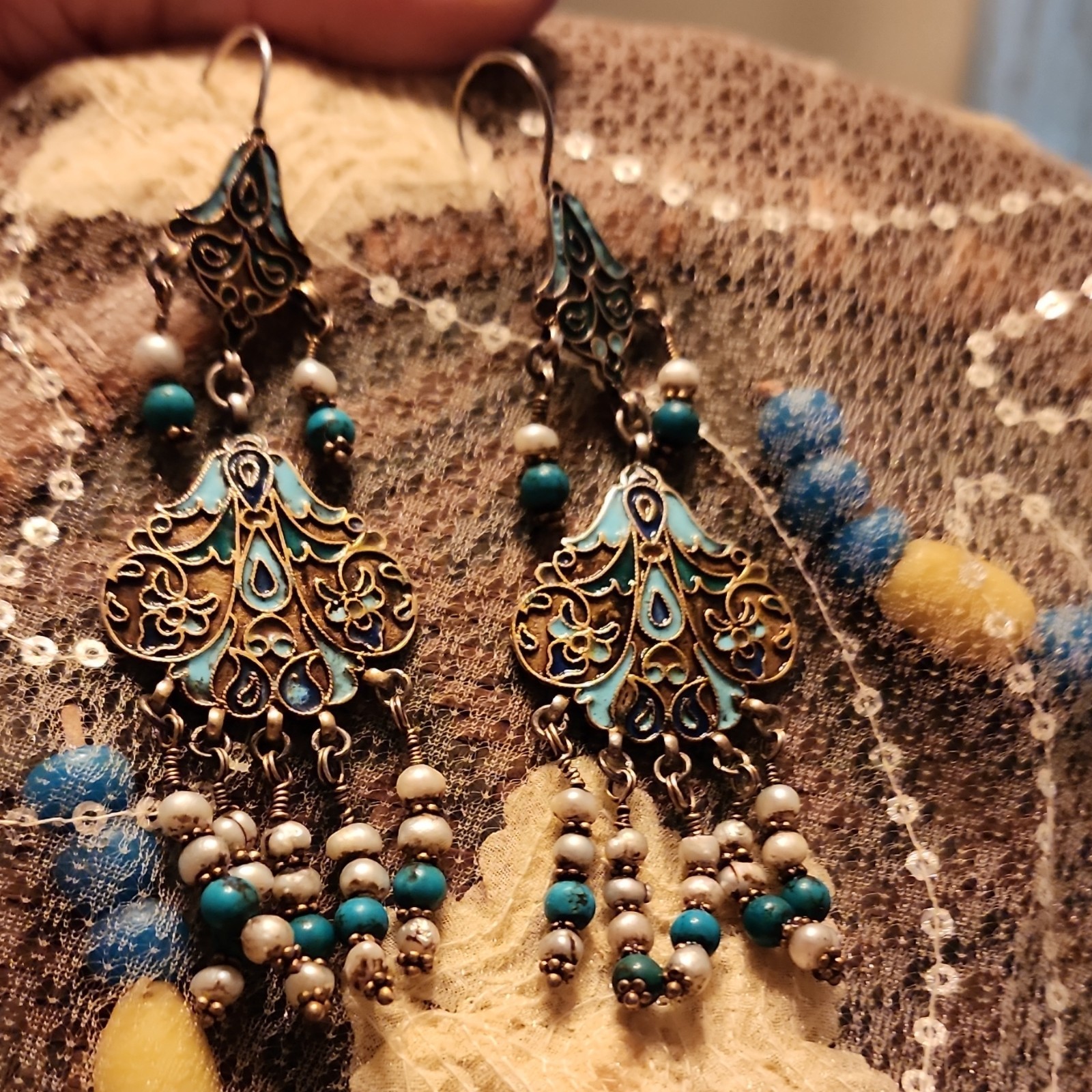 Bohemian Blue Turquoise White Enamel Teardrop Chandelier Dangle Hook Earrings