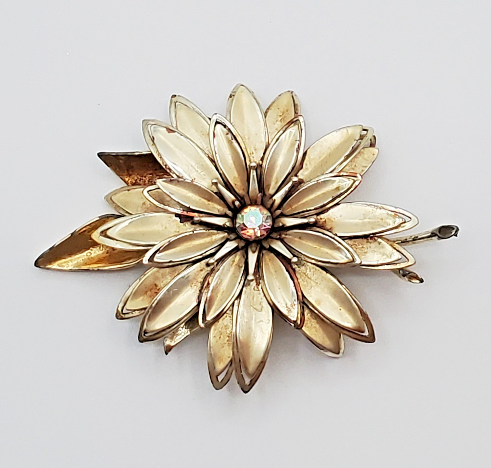 VTG Brooch 3.5in Large Gold Tone Flower Aurora Borealis 3D Layered REPAIRED READ