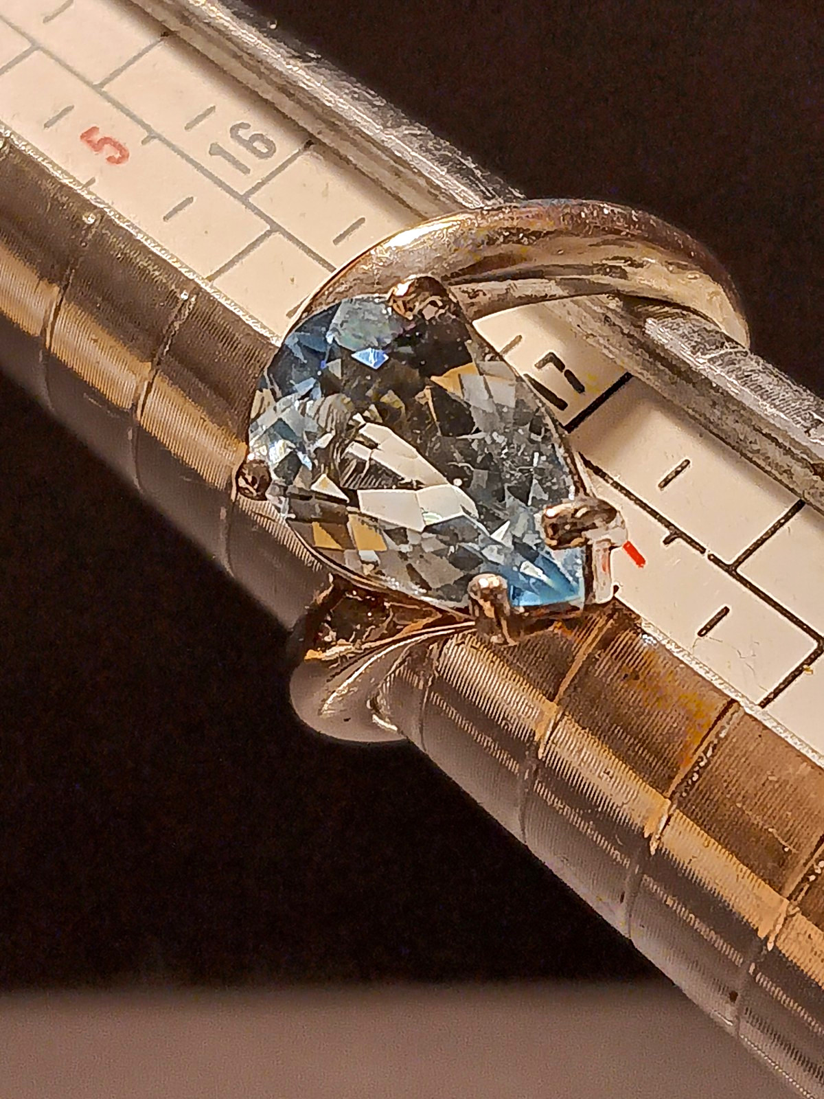 Silver Flawless Blue Topaz Retro Style Pear Shape Ring Size 7