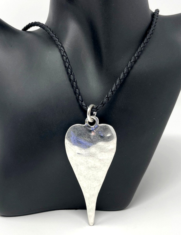RS Paris Hammered Silver Heart Spike Pendant Necklace Black Braided Cord 29″