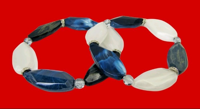 Denim Blue and White Bead Stretch Bracelet Set of Two, multi color bracelet NEW