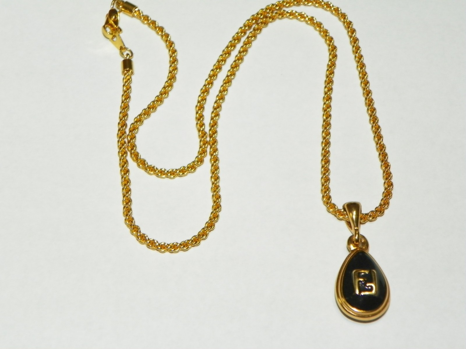 VTG Fendi Logo Teardrop double side Black Enamel/clear Crystal Pendant GoldTone