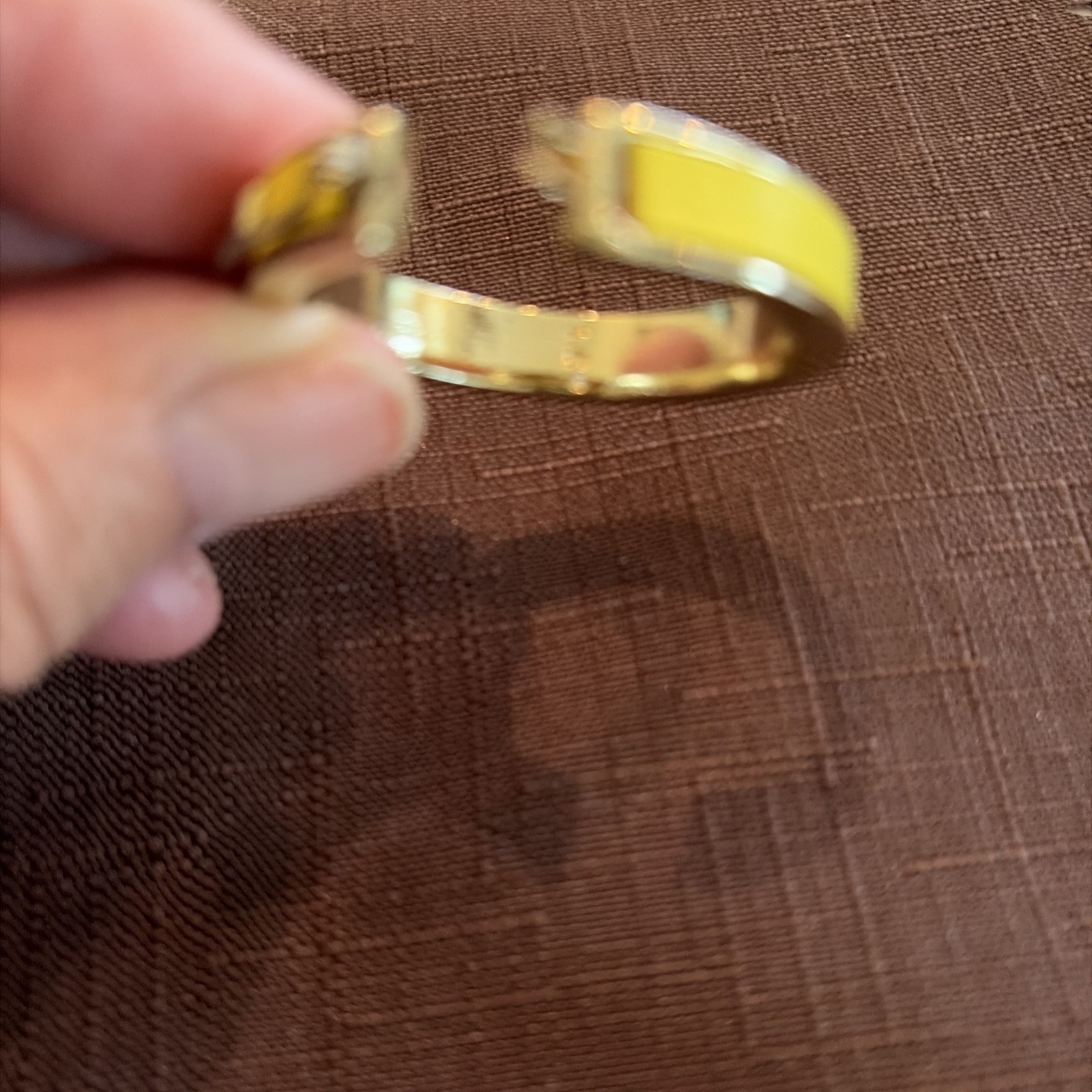 Yellow Enameled Gold Tone Hoop Dangle Earrings with stud accents, Branded LC