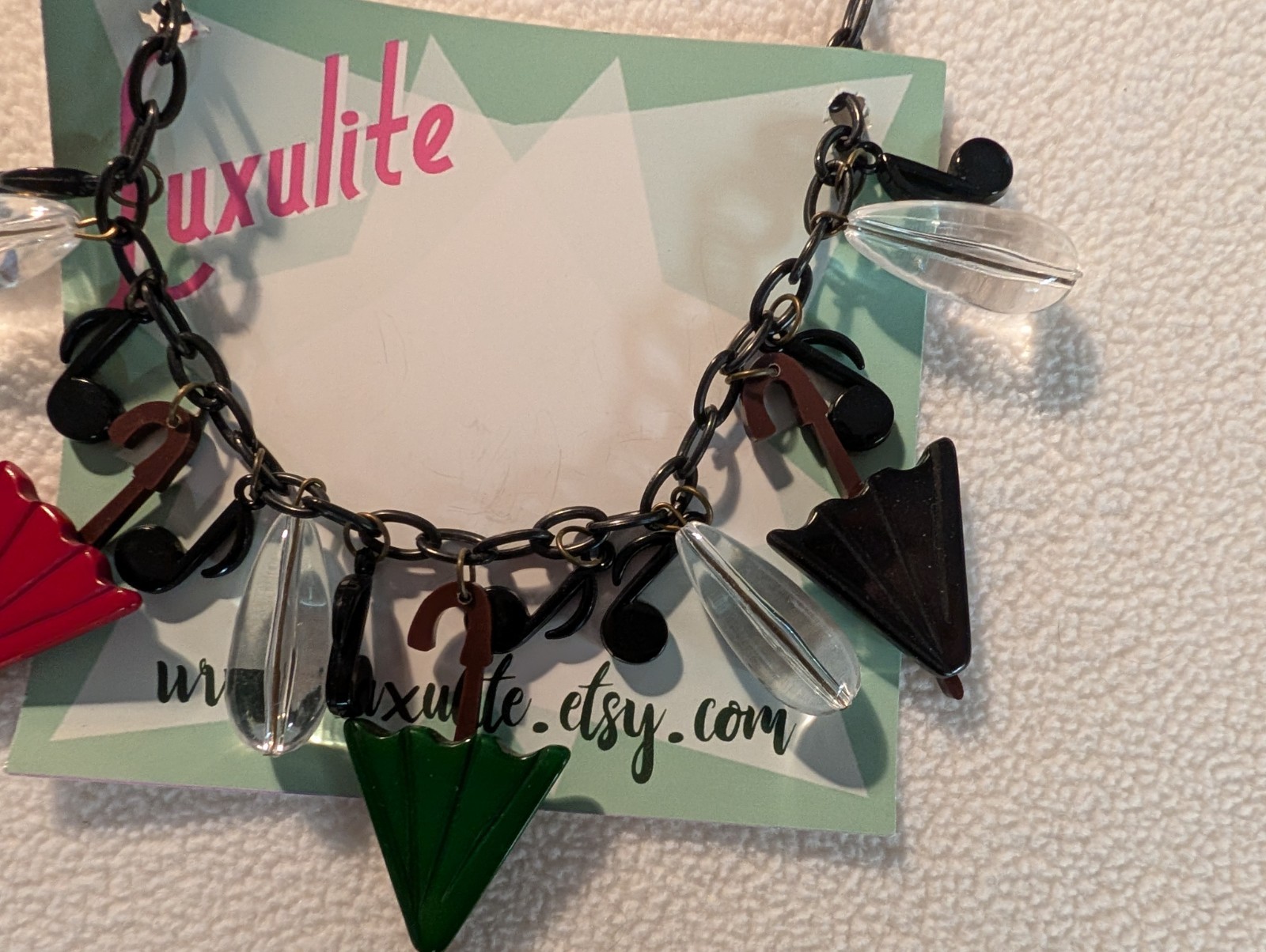 Luxulite Singing in the Rain Umbrella Music Note Water Drop Charm Necklace