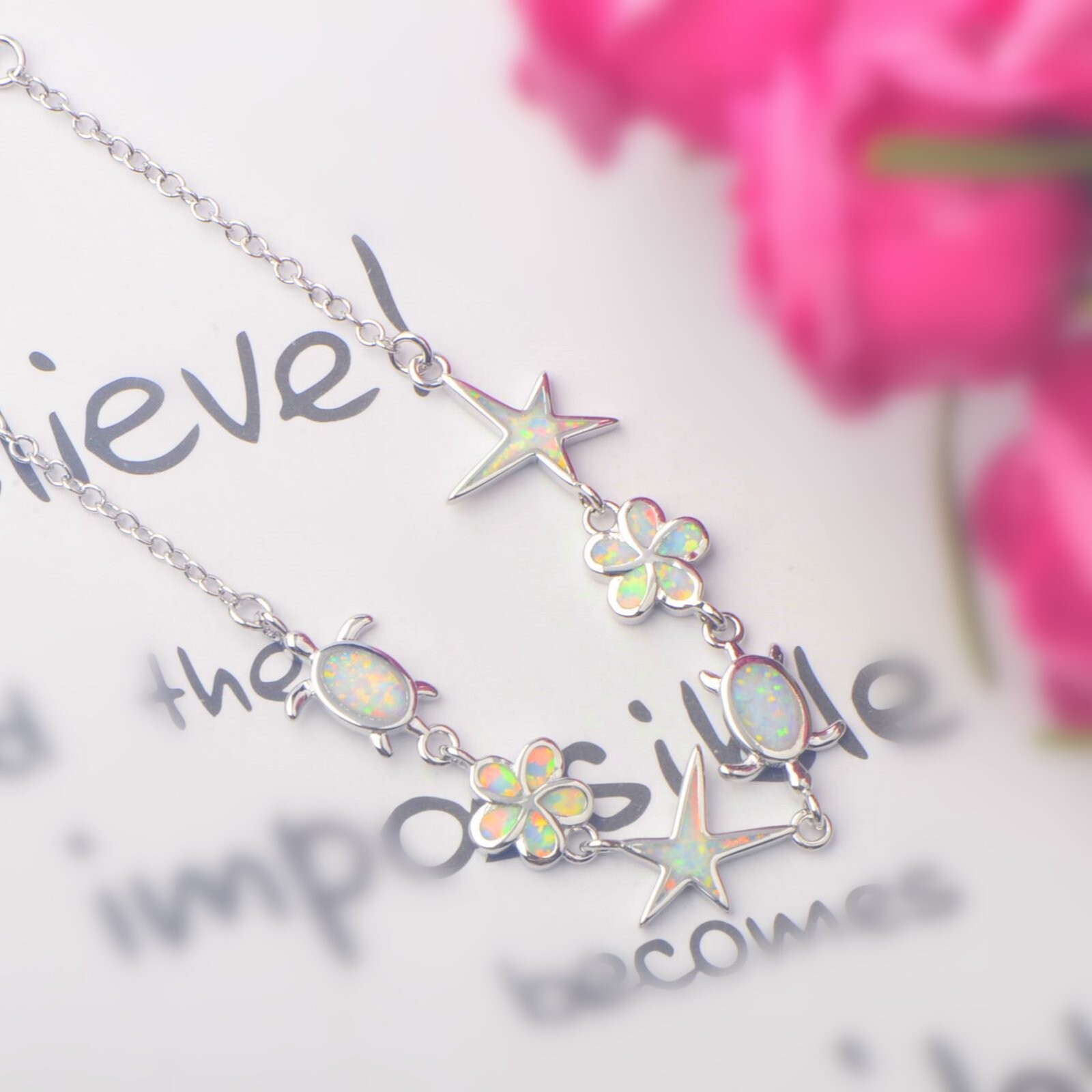 Hawaii Beach White Opal Starfish Turtle Bracelet Sliver Jewelry For Women Girls