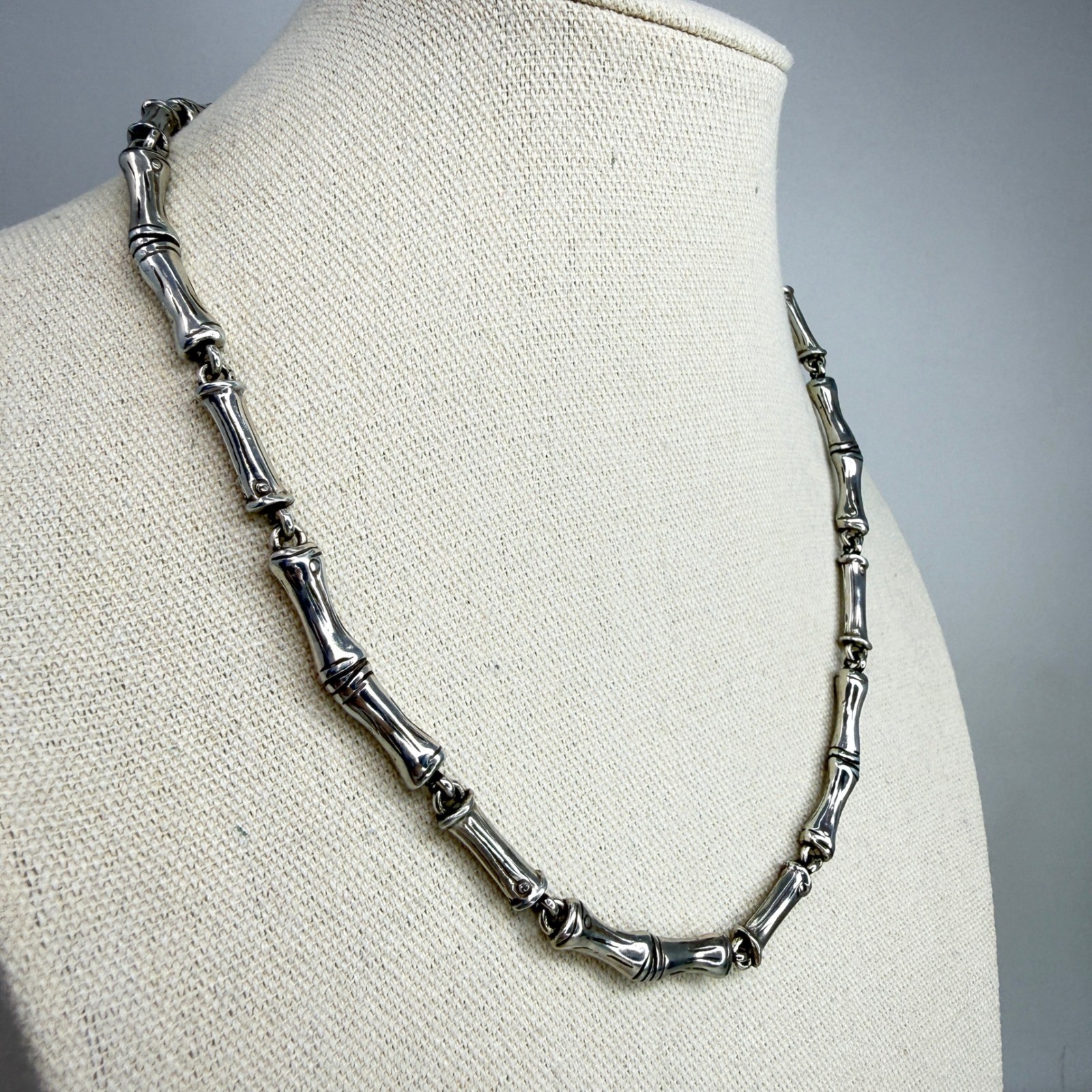 Vintage Bamboo Link Articulated Necklace Botanical Style Silver Tone