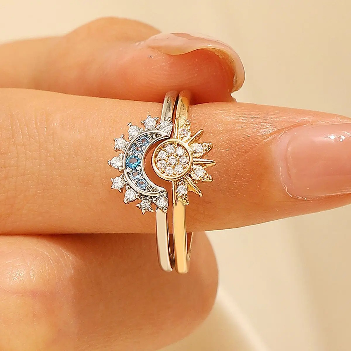 Couple Sun Moon Pendant Necklace Open Ring Set Retro Jewelry Gift