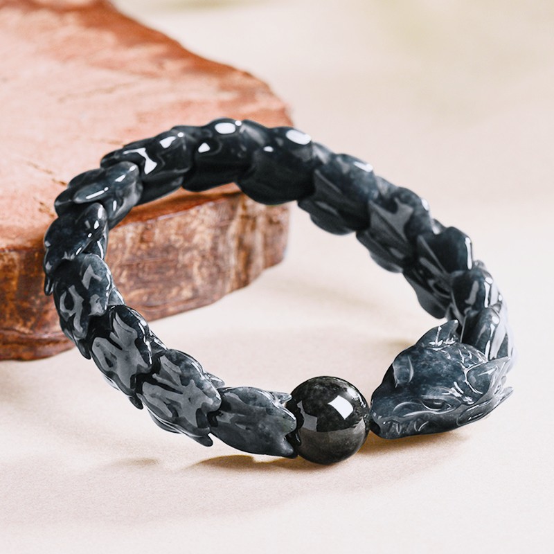 Certified Myanmar A-grade jadeite Black Chicken Black Dragon bone bracelet 7.5”