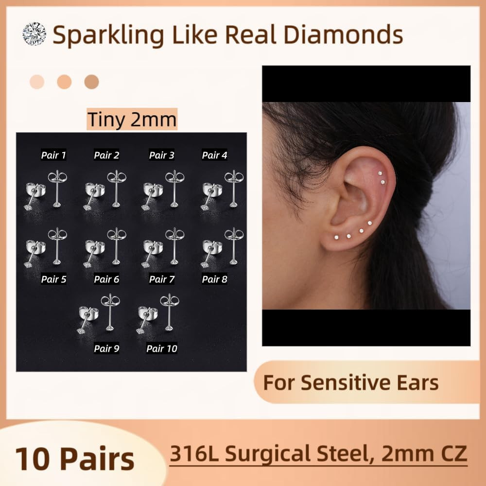 10 Pairs Small CZ Stud Earrings Hypoallergenic Surgical Steel Women Tiny Stack