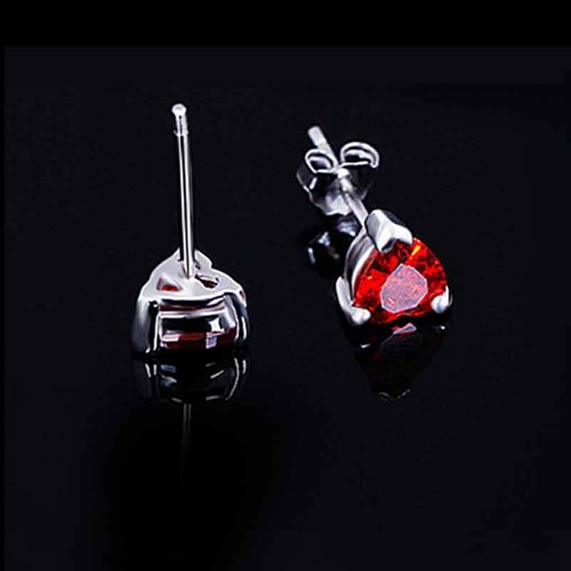 Solid Sterling Silver Red Heart CZ Shaped Stud Earrings 5MM Cubic Zirconia