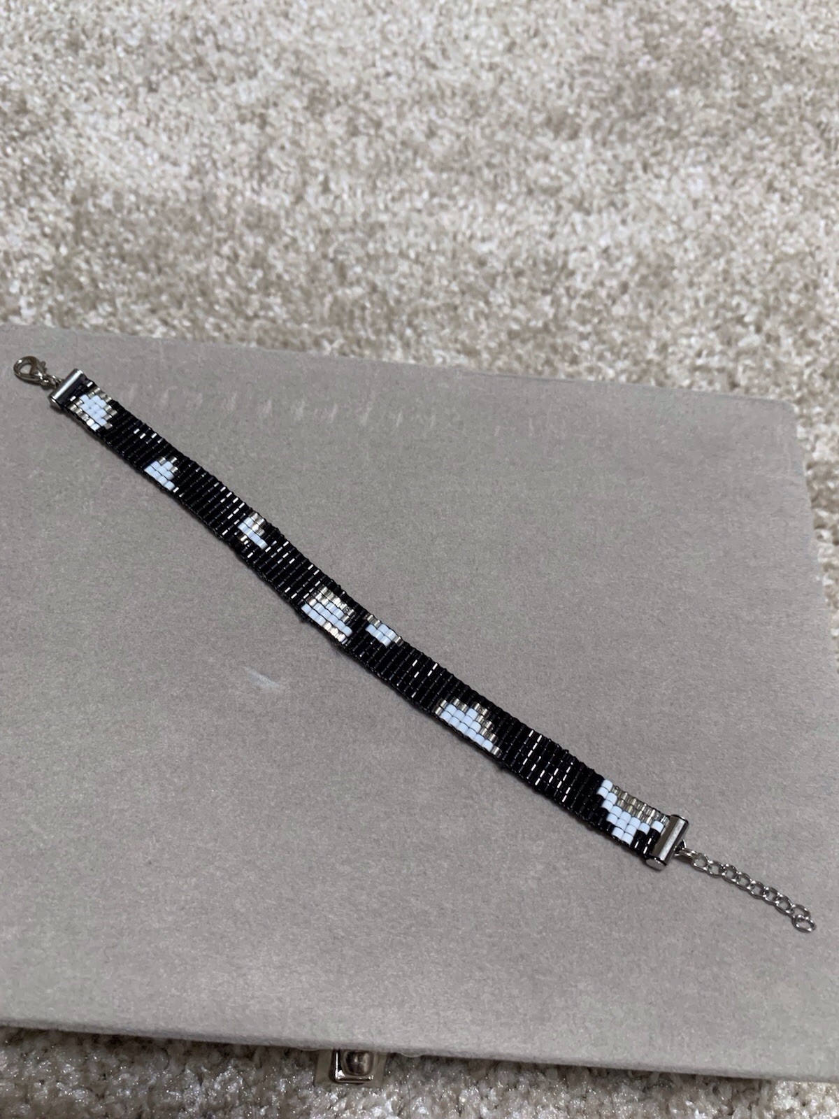 Black & Silver Rectangle Miyuki Beaded Bracelet | Lobster Clasp | Adjustable