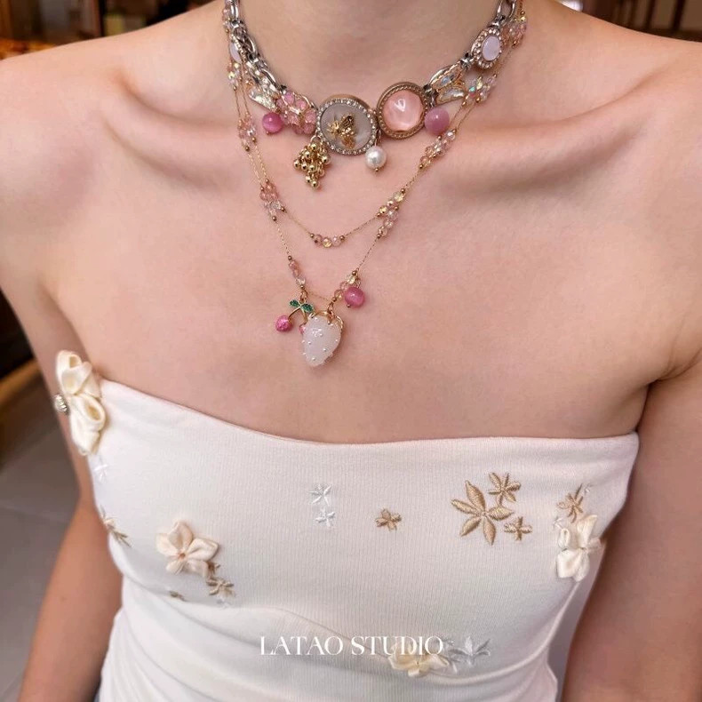 Pink Flower, Cherry, and Strawberry Necklace