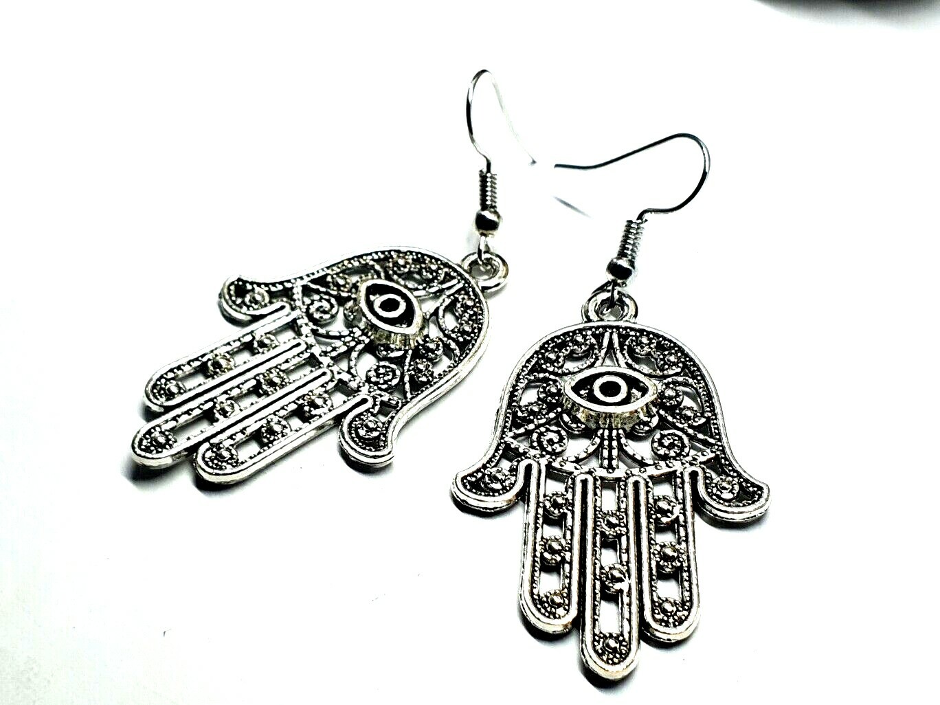 Large Hamsa Earrings Evil Eye Protection Filigree Silver Drop Dangle Jewellery