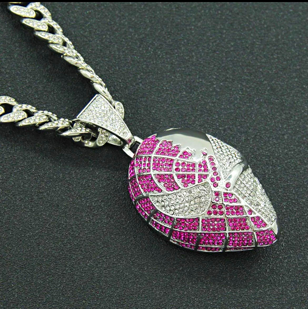 Silver Tone Cuban Link Chain Necklace Football Pendant Purple Crystal 20 in