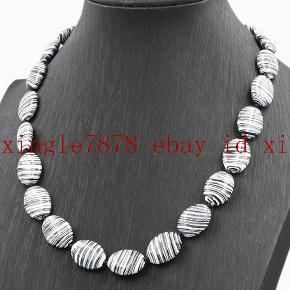 Natural 13x18mm Black White Striped Turquoise Oval Gemstone Beads Necklace 20″
