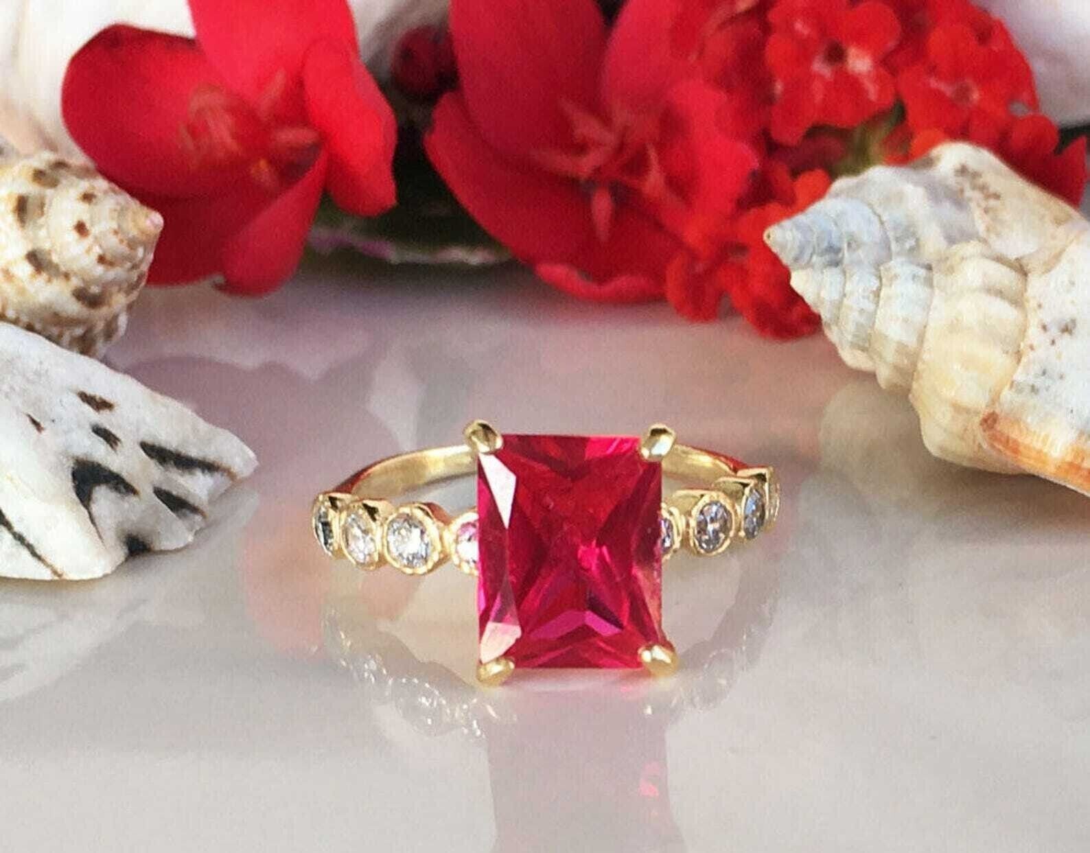 Emerald Cut Simulated Pink Ruby Gorgeous Engagement Ring 14K Yellow Gold Plated