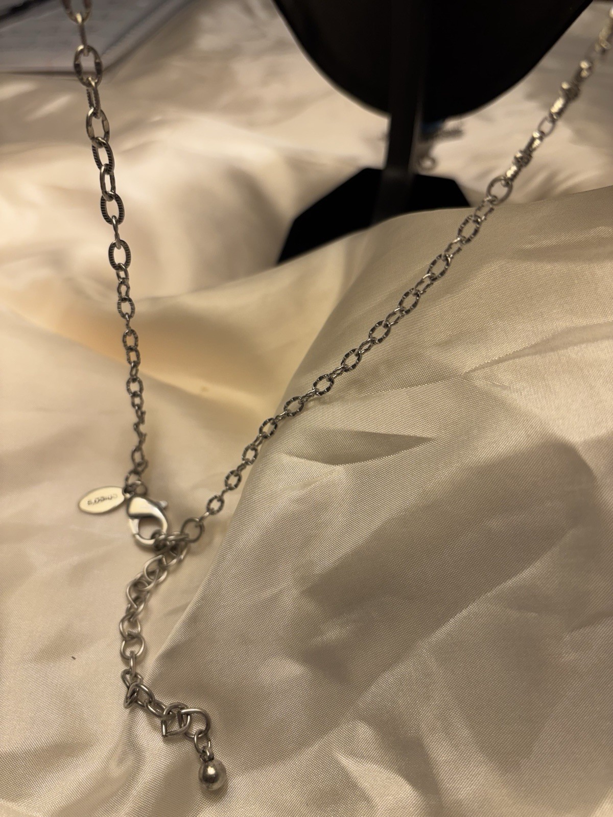 Chico’s Silver Tone Long Adj. Necklace w/ Teal Glass Beads Tassel Pendant. 23”