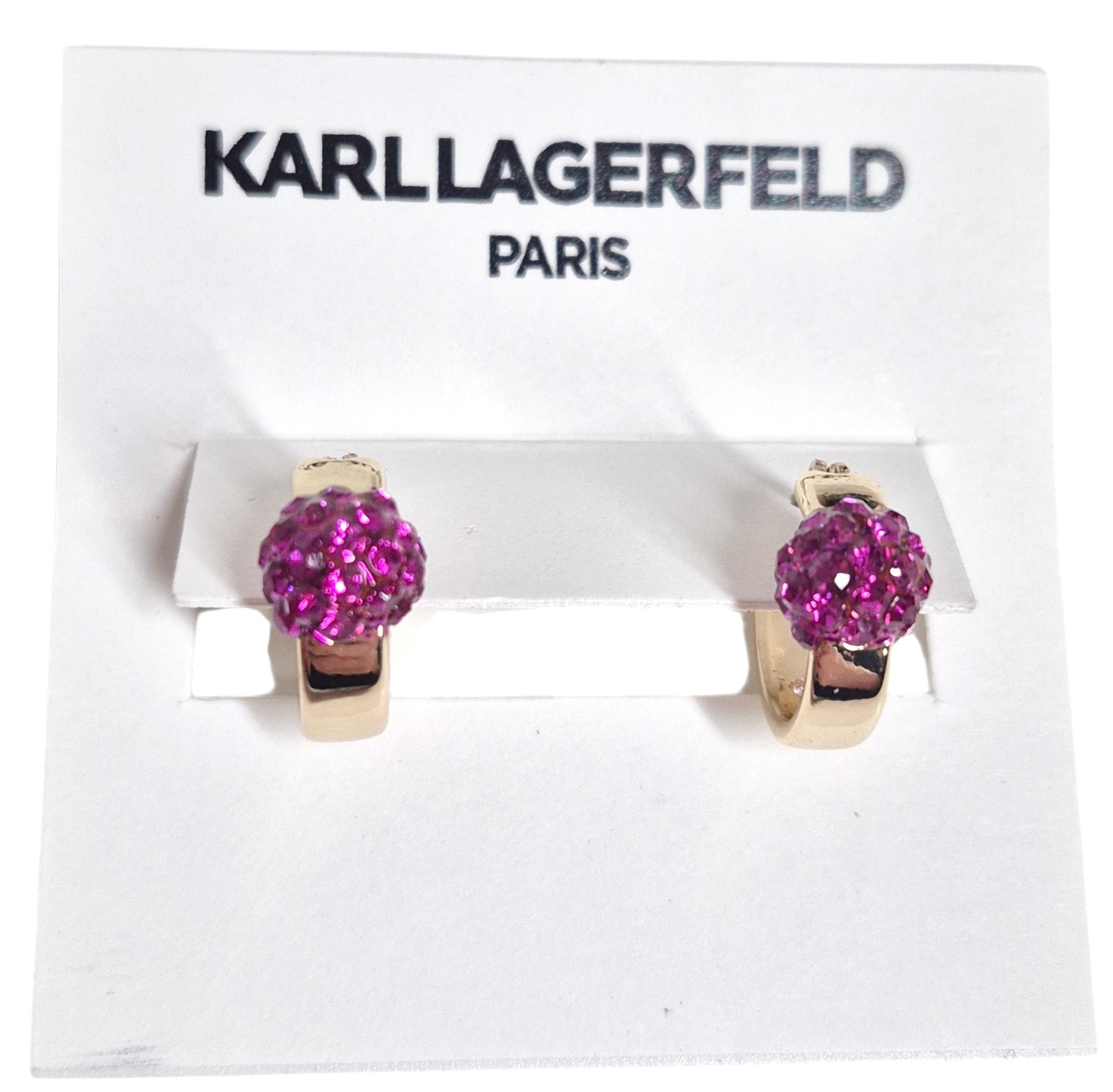 Karl Lagerfeld Small Pave Fireball Huggie Hoop Earrings Pink Gold Plated New