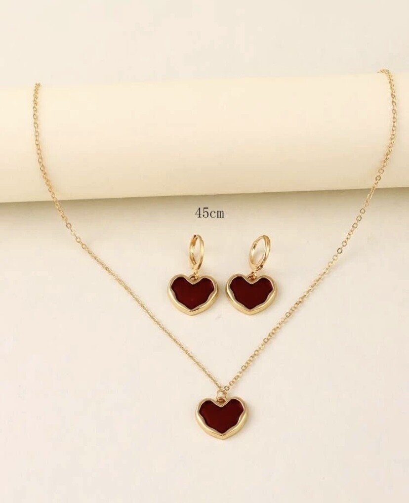 Heart Red White Black gold chain Necklace Earrings huggie Set 3PCS UK Gift