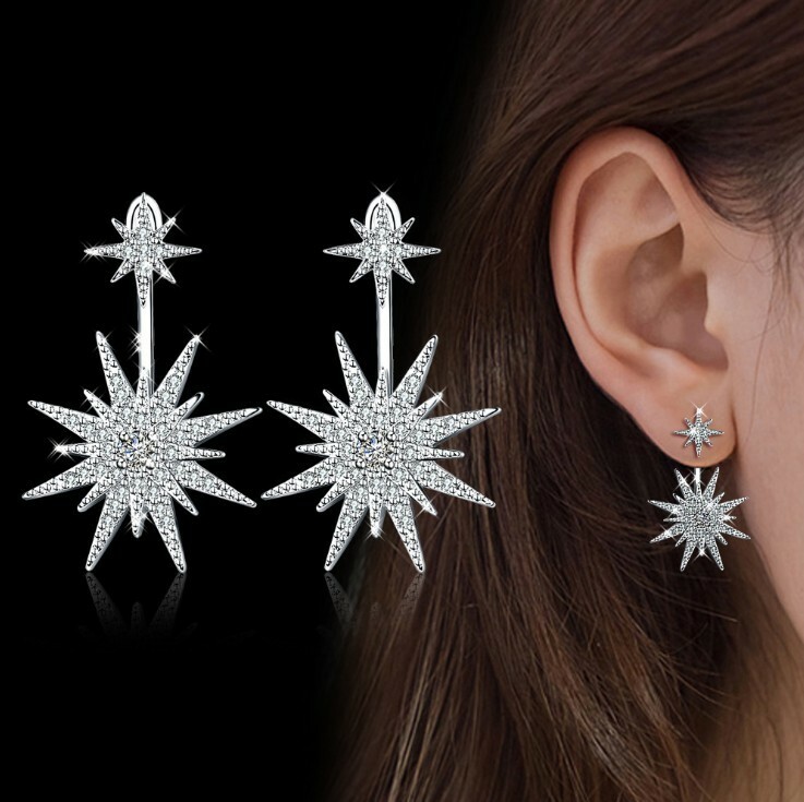Dazzling Fire Double Stars AAA White Cubic Zirconia Silver Stud Hook Earrings