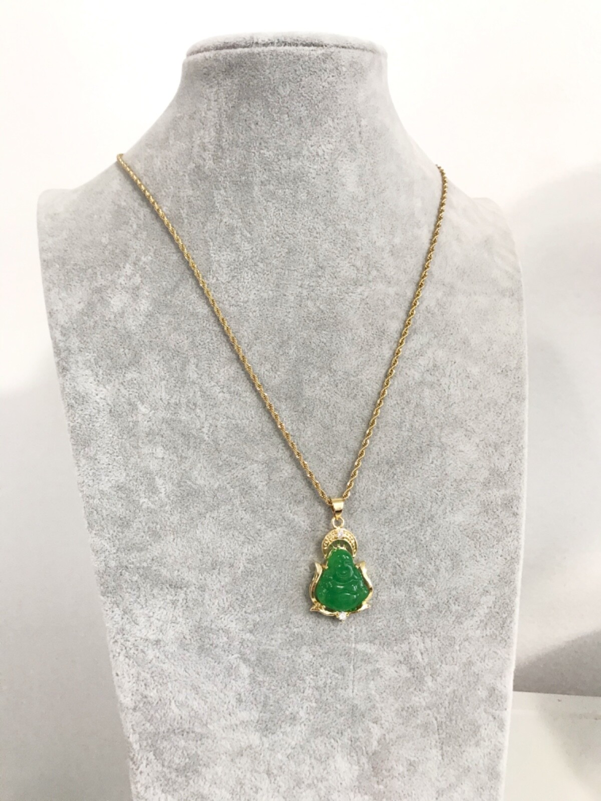 Good Fortune Wisdom Gold plated Jade laughing Buddha Pendant Necklace, Stainless