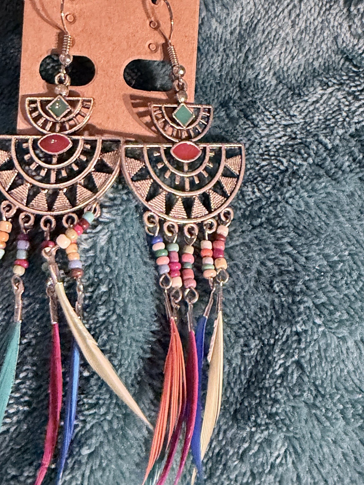 Boho Multicolor Feather Drop Earrings Turquoise Orange Dangle