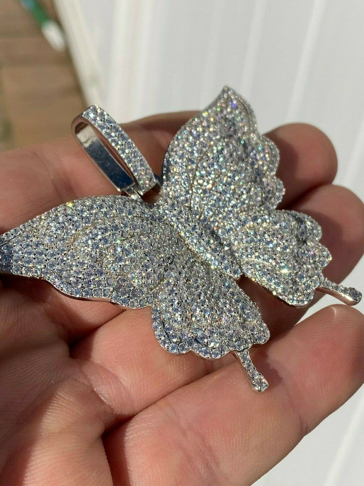 Solid 925 Silver HUGE Iced CZ Butterly Hip Hop Pendant For Men Ladies Necklace