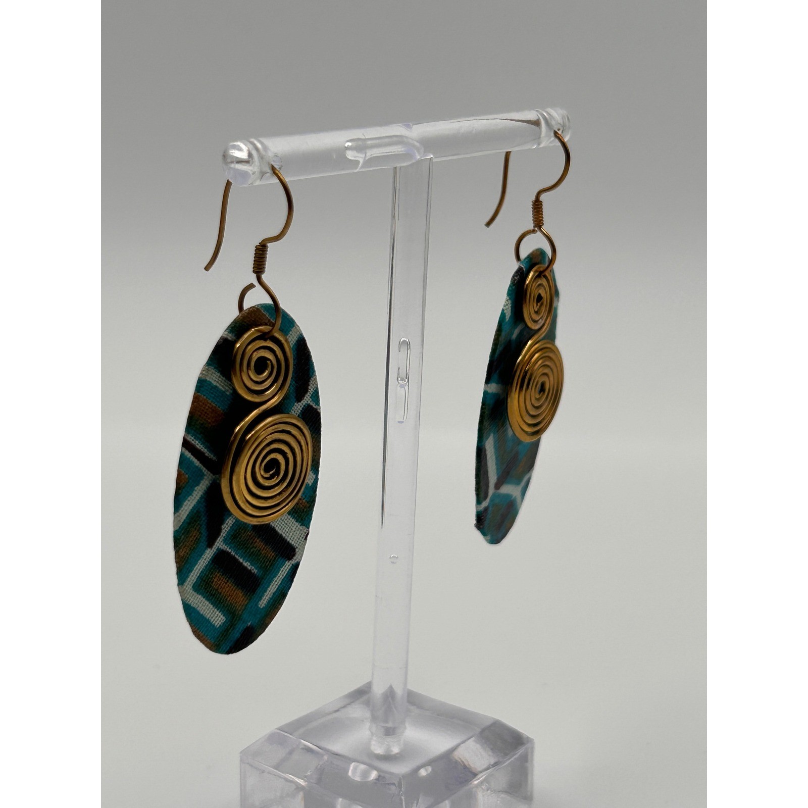Artisan Fabric Brass Spiral Dangle Drop Earrings Teal Brown Geometric Boho 2″