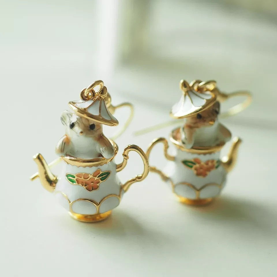 Mouse in Teapot Earrings – Whimsical Copper Novelty Earrings – Cute Tea Cup Dang