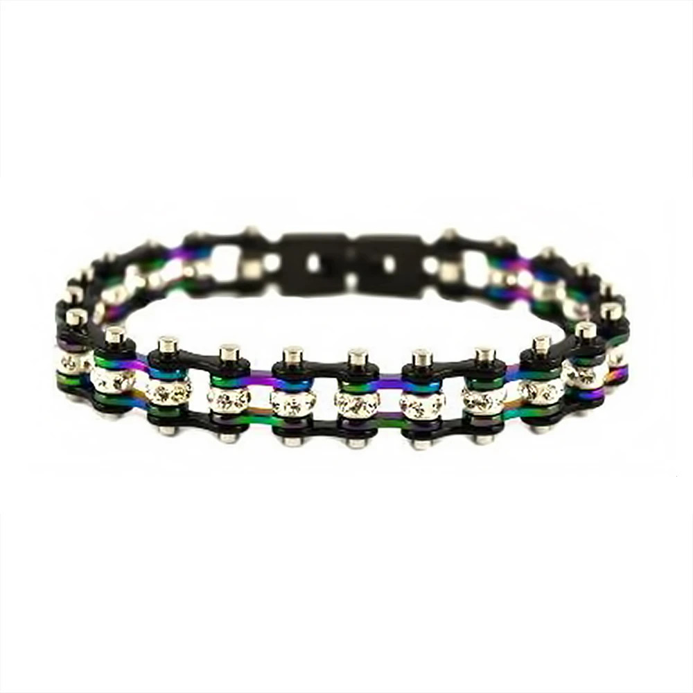 Ladies Motorcycle Bike Chain Black Rainbow Ladies Crystal Bracelet 134