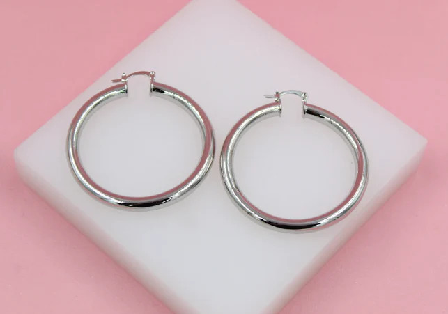 18K Rhodium Filled 5mm Latch Back Wide Hoop Earrings (J11-13)