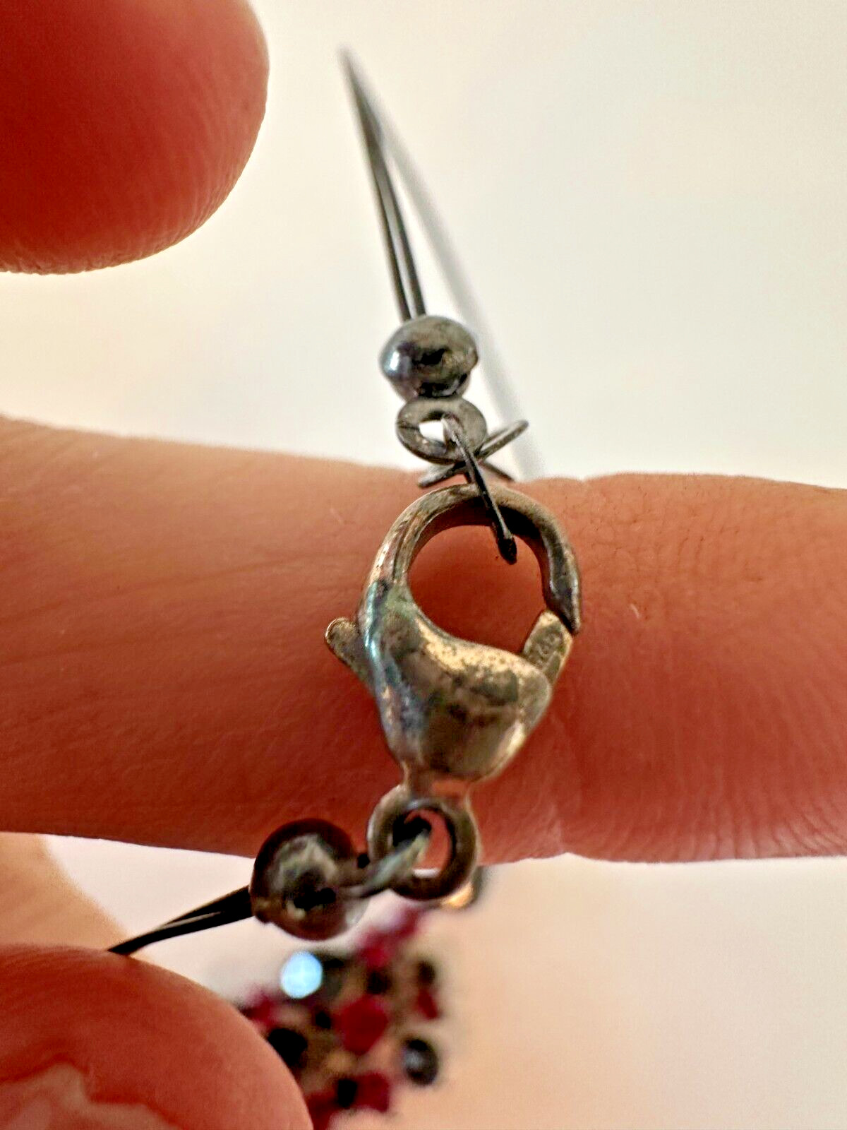 Sterling Silver Wire Necklace Red Grey Glass Bead Faceted Y Drop 12-18 in