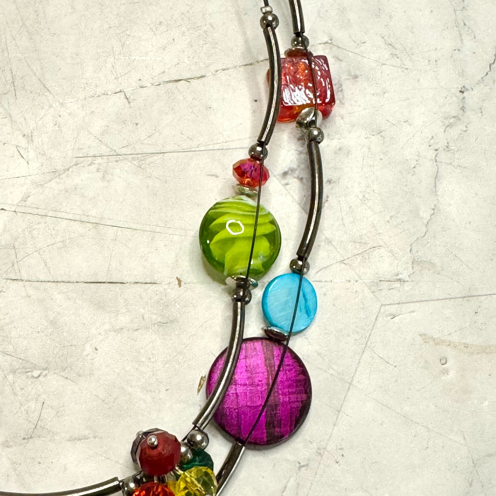 Ikita Glass Bead Necklace Two Strand Disc Stations Black Tone Metal Colorful